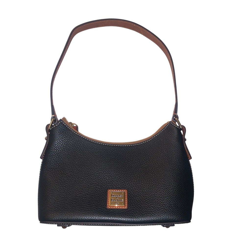 Dooney & Bourke Black Pebbled Leather Shoulder Bag Tan Trim Gold Logo Plaque